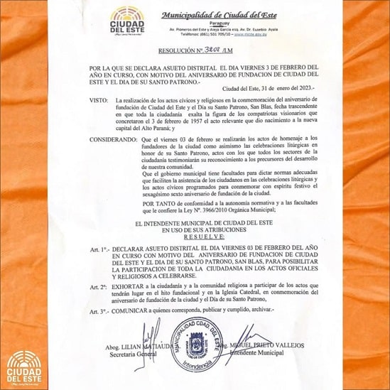 Decreto que estabelece as regras do feriado municipal. Imagem: Reprodução/Prefeitura de Ciudad del Este