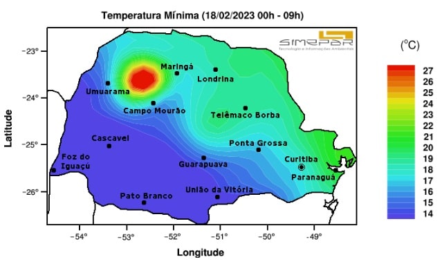 Mapa com a área de abrangência das temperaturas baixas no Paraná. Gráfico: Simepar