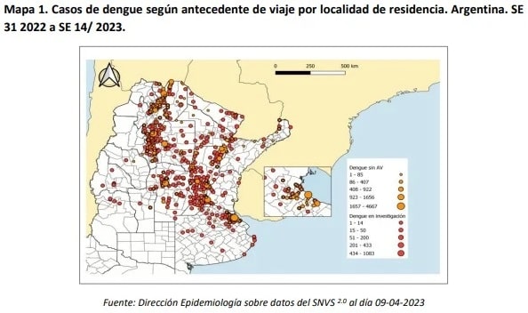 Mapa de casos de dengue en Argentina, según datos del Ministerio de Salud del país