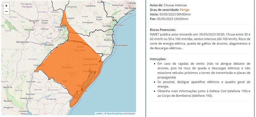 Alerta laranja emitido pelo Inmet para esta sexta-feira (5)