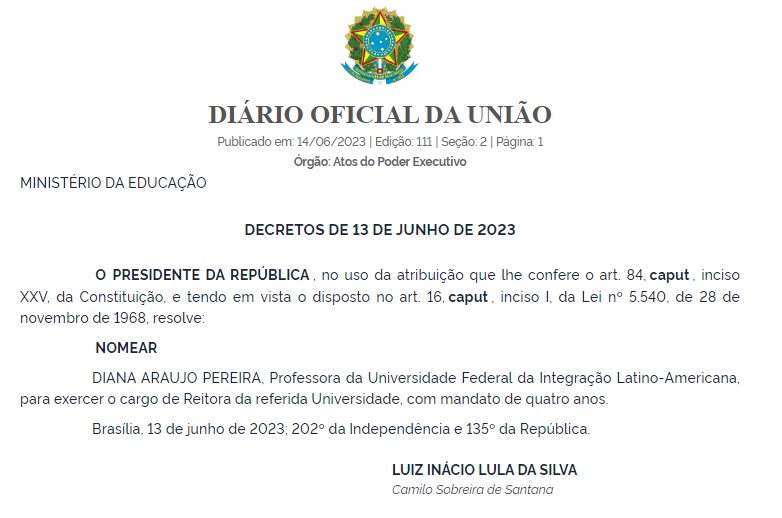 Cópia da nomeação no Diário Oficial da União (DOU)