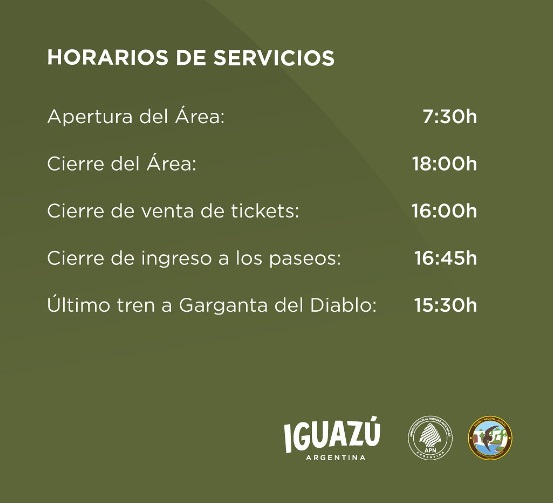 Tabela de horários no Parque Nacional Iguazú, em vigor até o dia 28.