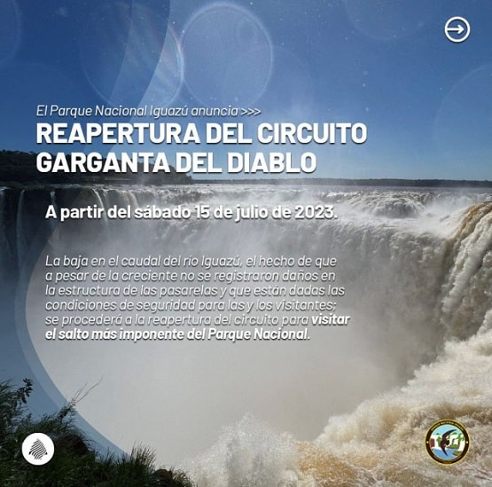 Anúncio da reabertura da passarela, publicado pela direção do Parque Nacional Iguazú