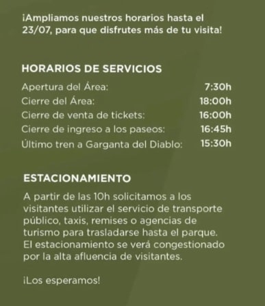 Tabela de horários para as férias de julho no Parque Nacional Iguazú