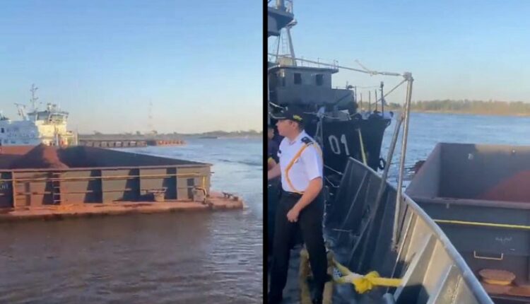 Vídeo divulgado pela Marinha do Paraguai mostra o trabalho de contenção das barcaças. Imagem: Reprodução