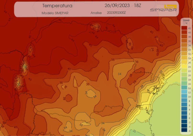 Projeção do Simepar para a tarde de segunda-feira (26), com calor extremo no Oeste