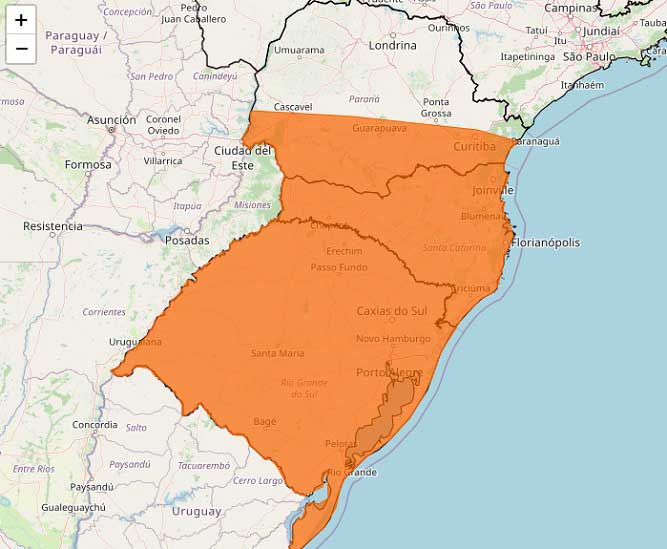 Área de cobertura do alerta laranja emitido pelo Inmet. Gráfico: Inmet