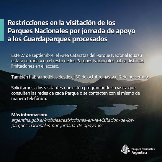 Comunicado divulgado na página oficial do Parque Nacional Iguazú na rede social Facebook