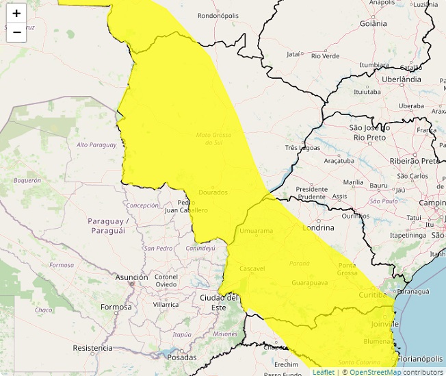 Área de cobertura do alerta amarelo emitido pelo Inmet.