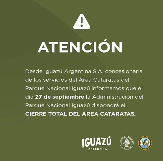 Aviso publicado pela concessionária Iguazú Argentina, administradora dos serviços turísticos