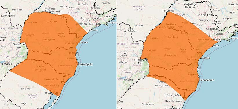 Área de cobertura dos alertas do Inmet para sábado (esquerda) e domingo (direita).