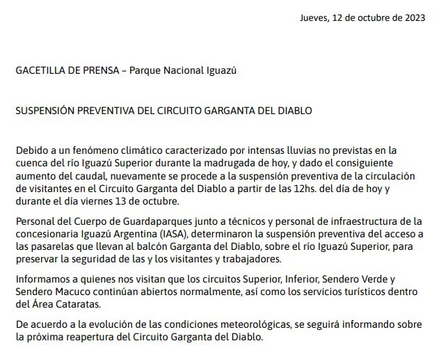 Nota do Parque Nacional Iguazú informando sobre o novo fechamento da passarela.