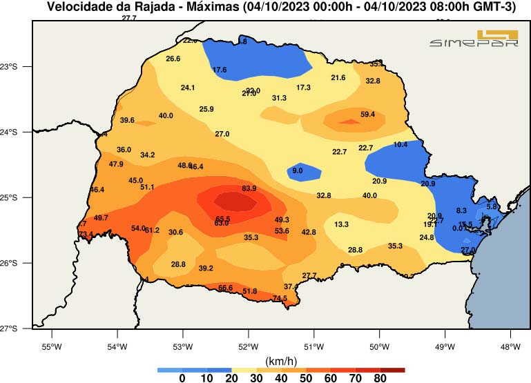 Mapa divulgado pelo Simepar, indicando a intensidade das rajadas de vento durante a madrugada.