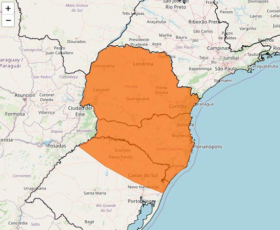 Área de cobertura do alerta emitido pelo Inmet, com validade até as 10h de quinta-feira (12).