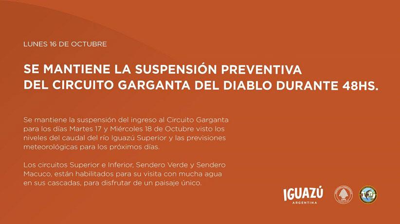 Comunicado oficial sobre a continuidade do fechamento da passarela argentina da Garganta do Diabo.