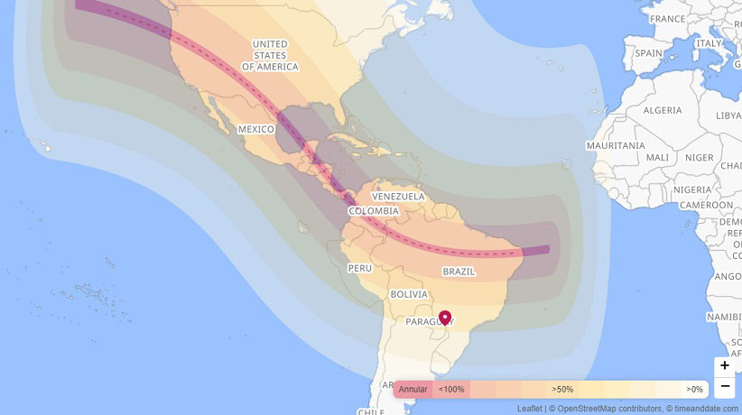 Mapa da visibilidade do eclipse, conforme projeção da plataforma Time and Date.