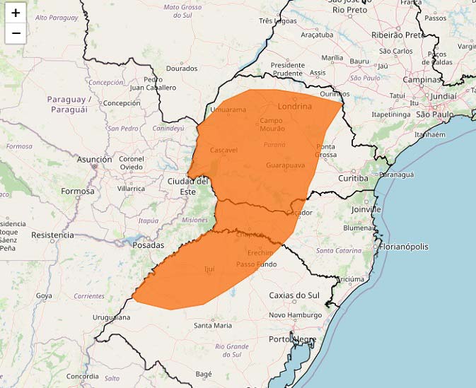 Área de cobertura do Alerta n.º 45.325, emitido pelo Inmet