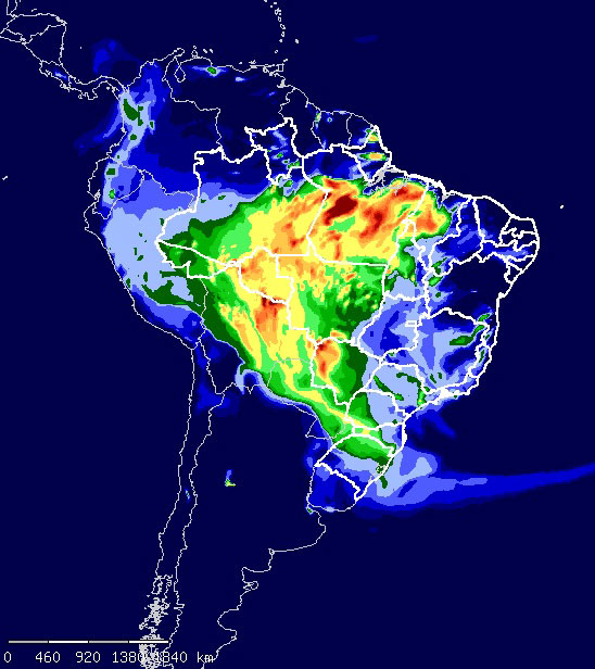 Mapa do Instituto de Pesquisas Espaciais (Inpe) mostrando as áreas com problemas na qualidade do ar na América do Sul. Foz do Iguaçu aparece na faixa amarela.