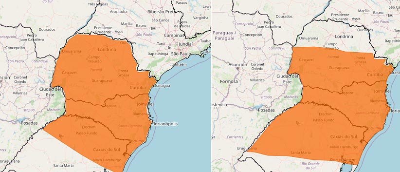 Área de abrangência dos dois alertas emitidos pelo Inmet.