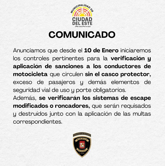 Comunicado emitido pela prefeitura de Ciudad del Este