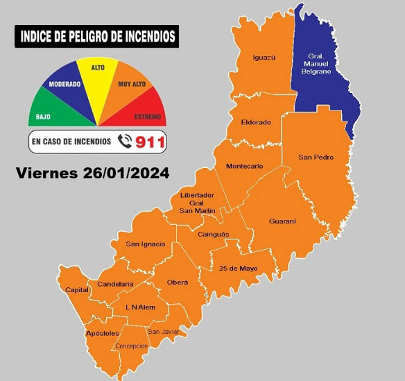 Mapa divulgado pelo sistema de alerta meteorológico de Misiones