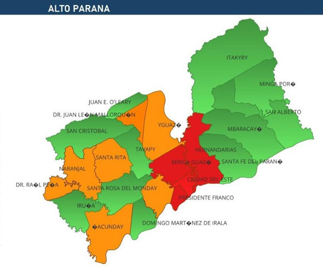 Mapa elaborado pela 10.ª Regional de Saúde do Paraguai, com Ciudad del Este e municípios vizinhos marcados na cor vermelha.