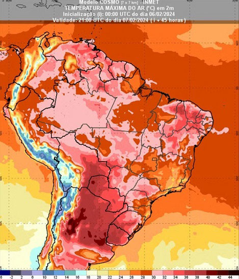 Gráfico do Inmet, datado de terça-feira (6), mostra os efeitos da onda de calor na Argentina e no Paraguai.