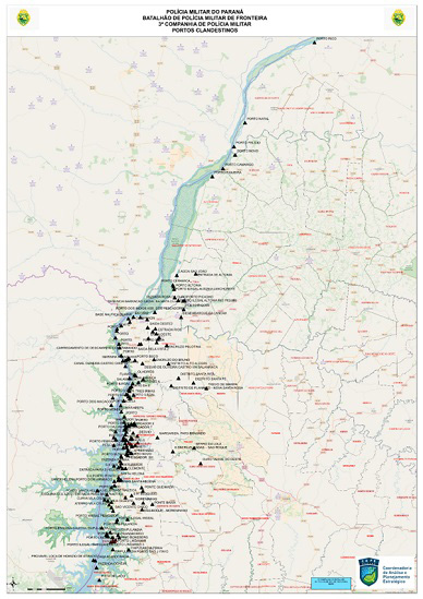 Mapeamento feito pela Polícia Militar do Paraná, em 2022, apontando os locais de travessia